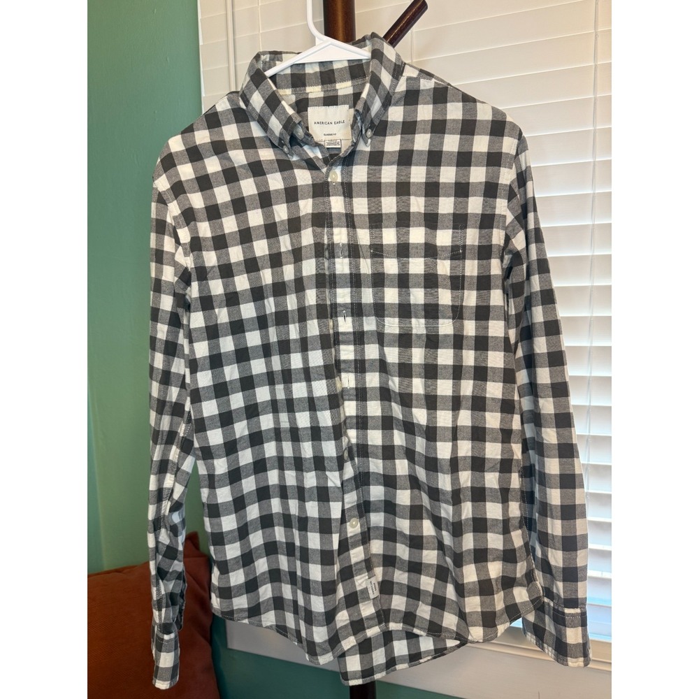 American Eagle Classic Fit Shirt Mens Black White Button Down Long Sleeve Small